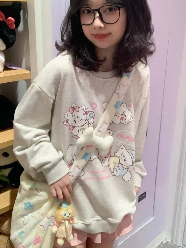 "Y2K Harajuku Cat Print Hoodie - Cute Japanese Style, Gray & Loose Fit